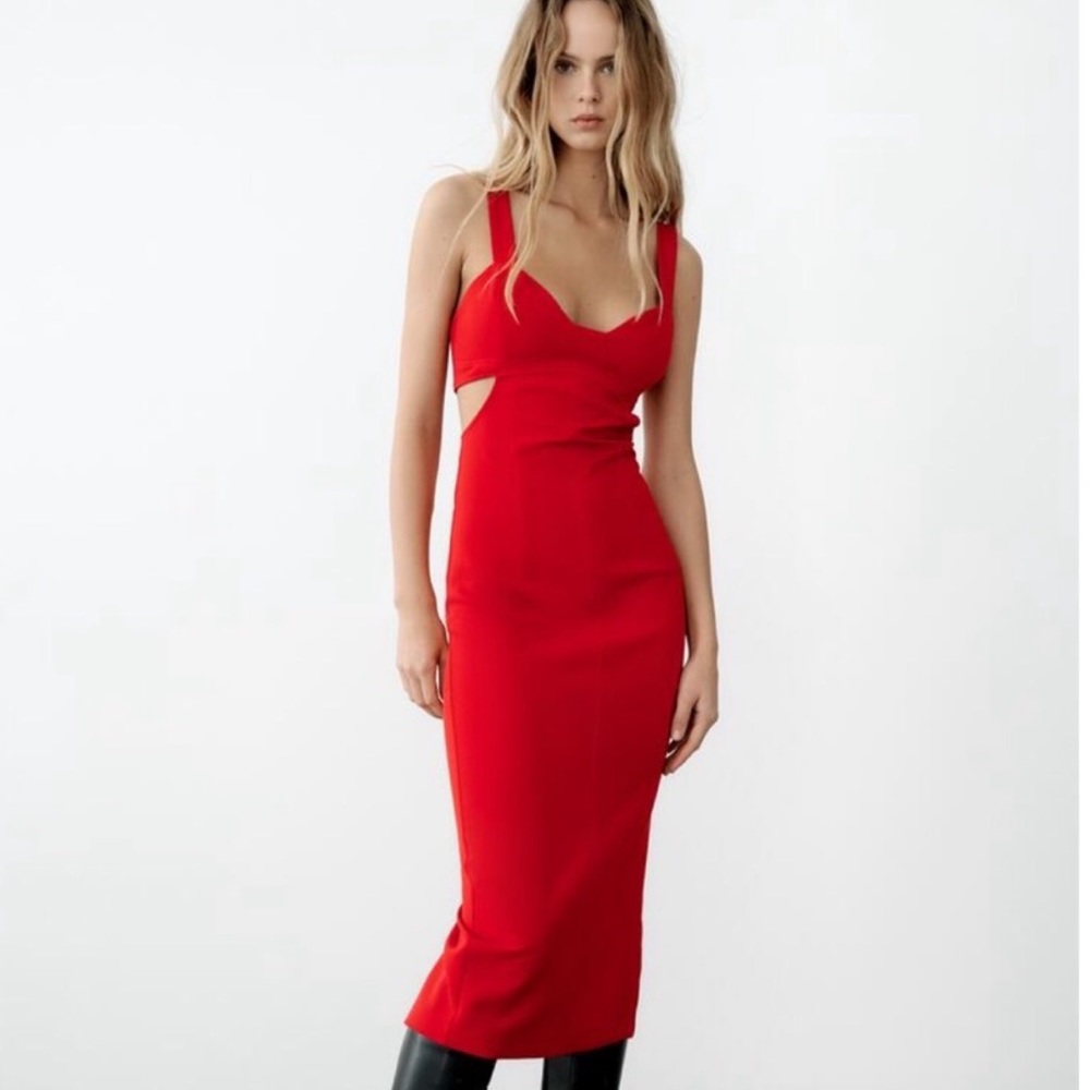 ZARA Red Cutout Bodycon Midi Dress Size XS